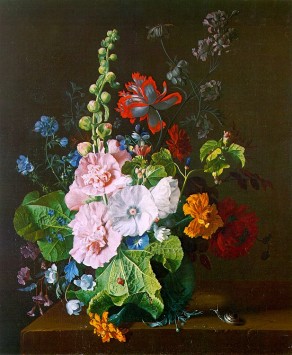 Hollyhocks and other Flowers in a Vase Jan van Huysum