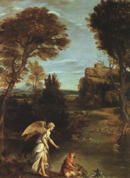 Landscape with Tobias Laying Hold of the Fish, Domenichino
