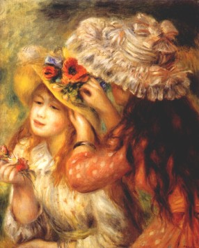 Girls Putting Flowers On Their Hats Pierre Renoir