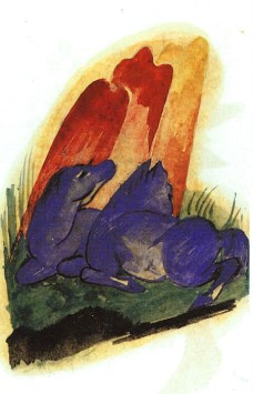 Two Blue Horses In Front of a Red Rock Franz Marc
