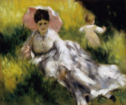 Woman with a Parasol and a Child on a Sunlit Hillside Pierre Renoir